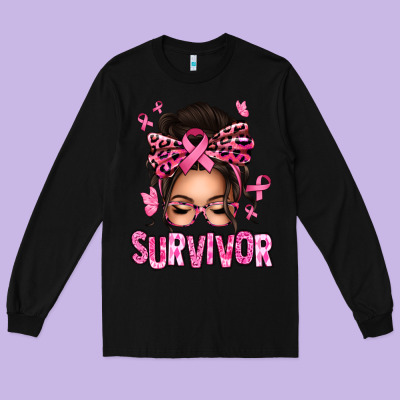 Breast Cancer Survivor Afro Messy Bun Long Sleeve Tee Designed By Texasbilliewilder