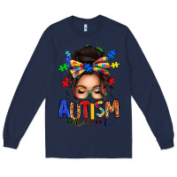 Navy autism mom afro messy bun Long Sleeve Tee - texasbilliewilder