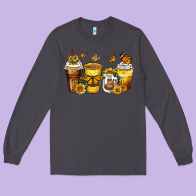 Butterfly Coffee Cups Long Sleeve Tee Designed By Zillion Design Studio