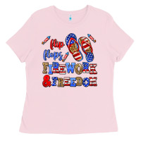 Bubblegum Pink flip flops fireworks and freedom Ladies Tee - AdoDesignShop