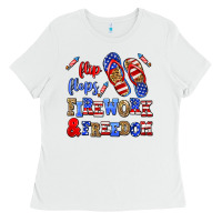 White flip flops fireworks and freedom Ladies Tee - AdoDesignShop