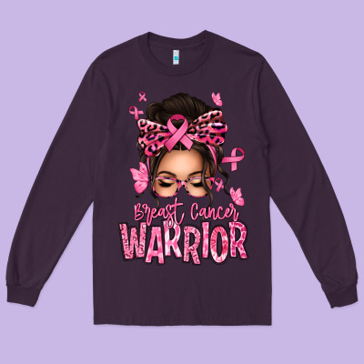 Brest Cancer Warrior Afro Messy Bun Long Sleeve Tee Designed By Texasbilliewilder
