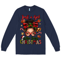 Navy just a girl who loves christmas afro messy bun Long Sleeve Tee - texasbilliewilder