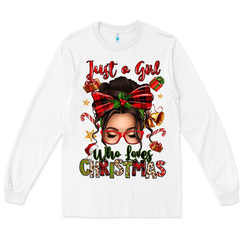 Just A Girl Who Loves Christmas Afro Messy Bun Long Sleeve Tee by texasbilliewilder | Teevron