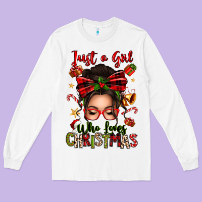 Just A Girl Who Loves Christmas Afro Messy Bun Long Sleeve Tee Designed By Texasbilliewilder