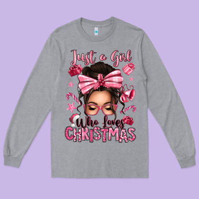 Just A Girl Who Loves Pink Christmas Messy Bun Long Sleeve Tee Designed By Texasbilliewilder