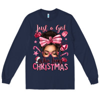 Navy just a girl who loves pink christmas messy bun Long Sleeve Tee - texasbilliewilder