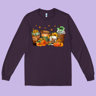 Fall Coffee Cups Long Sleeve Tee Designed By Zillion Design Studio