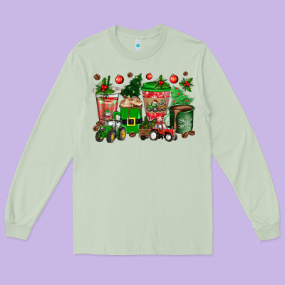Christmas Tractor Coffee Cups Long Sleeve Tee Designed By Texasbilliewilder