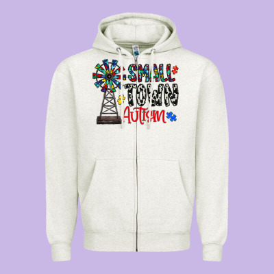 Small Town Autism Zipper Hoodie Designed By Cowhidedigitalart