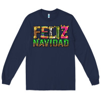 Navy feliz navidad with pattern Long Sleeve Tee - texasbilliewilder