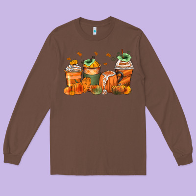 Pumpkins Coffee Cups Long Sleeve Tee Designed By Zillion Design Studio