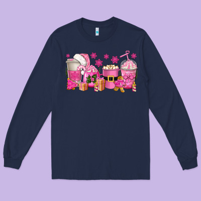 Pink Christmas Coffee Cups Long Sleeve Tee Designed By Texasbilliewilder