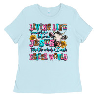Baby Blue living life somewhere between jesus take the wheel Ladies Tee - AdoDesignShop