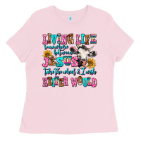 Bubblegum Pink living life somewhere between jesus take the wheel Ladies Tee - AdoDesignShop