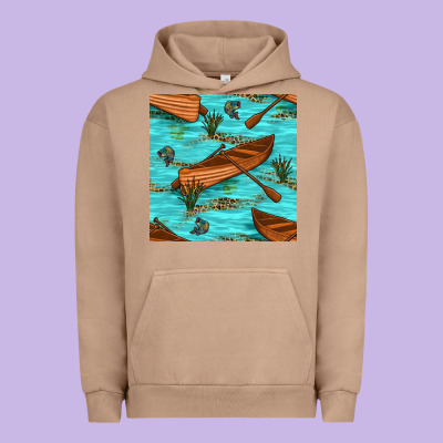 Lake Canoe And Fish With Reeds And Leopard Seamless Pattern Bbs Urban Hoodie Designed By Bundleandbundleshop