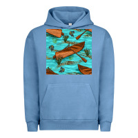 Pigment Pebble Blue Lake Canoe And Fish With Reeds And Leopard Seamless Pattern Bbs Urban Hoodie - BundleAndBundleShop