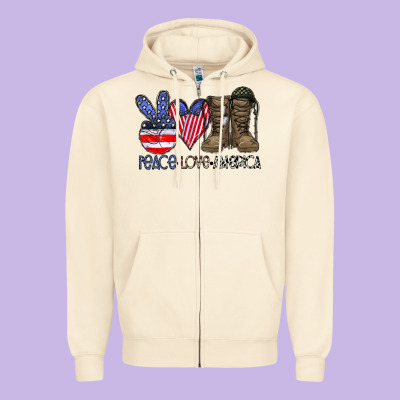 Peace Love America Zipper Hoodie Designed By Cowhidedigitalart