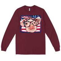 Burgundy american flag pig Long Sleeve Tee - RanaPortraitStore