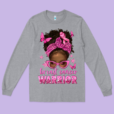 Afro Messy Bun Breast Cancer Warrior Long Sleeve Tee Designed By Texasbilliewilder