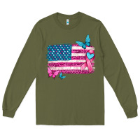 Army Green American flag breast cancer with ribbon Long Sleeve Tee - texasbilliewilder