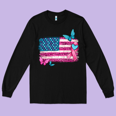 American Flag Breast Cancer With Ribbon Long Sleeve Tee Designed By Texasbilliewilder