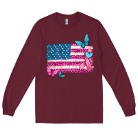 Burgundy American flag breast cancer with ribbon Long Sleeve Tee - texasbilliewilder