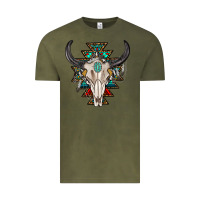 Vintage Olive western aztec bull skull with gemstone Vintage Tee - texasbilliewilder