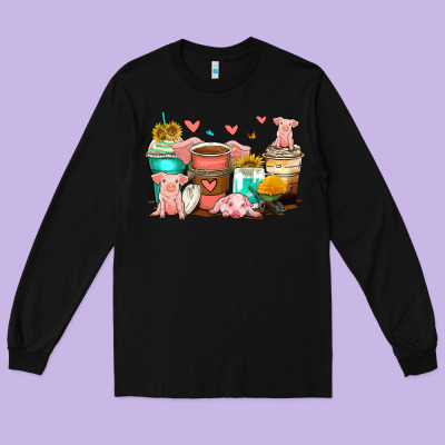 Pigs Coffee Cups Long Sleeve Tee Designed By Zillion Design Studio