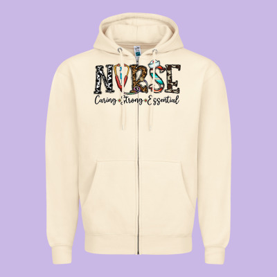 Nurse Caring Strong Essential Zipper Hoodie Designed By Cowhidedigitalart