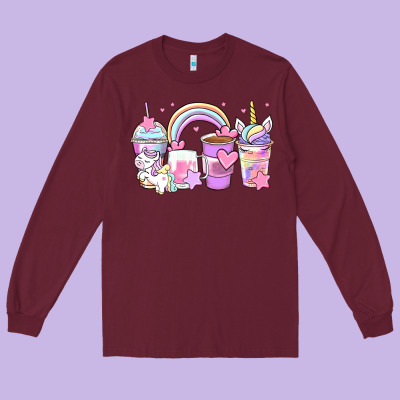 Unicorn Coffee Cups Long Sleeve Tee Designed By Zillion Design Studio
