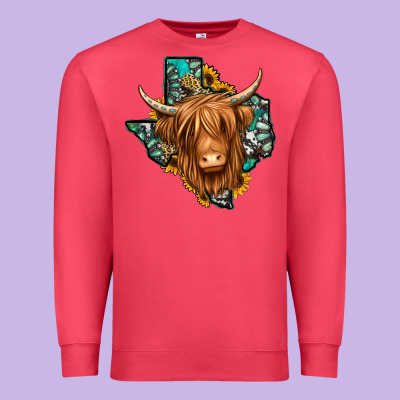 Texas Map Long Haired Shaggy Cow Premium Sweatshirt Designed By Jasminsmagicworld