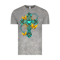 Cross With Heart Shaped Gemstone And Butterfly Vintage Tee | Teevron