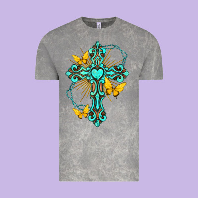 Vintage Tee cross with heart shaped gemstone and butterfly