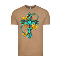 Vintage Coffee cross with heart shaped gemstone and butterfly Vintage Tee - texasbilliewilder