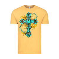 Vintage Mustard cross with heart shaped gemstone and butterfly Vintage Tee - texasbilliewilder
