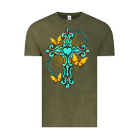 Vintage Olive cross with heart shaped gemstone and butterfly Vintage Tee - texasbilliewilder