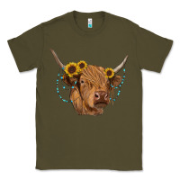 Army Green highland cow with sunflowers turquoise Classic Tee - RanaPortraitStore