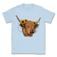 Dusty Blue highland cow with sunflowers turquoise Classic Tee - RanaPortraitStore