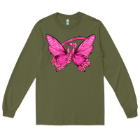 Army Green Breast Cancer Butterfly Long Sleeve Tee - texasbilliewilder