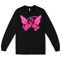 Black Breast Cancer Butterfly Long Sleeve Tee - texasbilliewilder