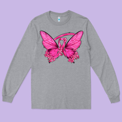 Breast Cancer Butterfly Long Sleeve Tee Designed By Texasbilliewilder
