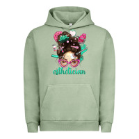 Pigment Oil Green Esthetician Messy Bun With Pink Leopard Glasses Bbs Urban Hoodie - BundleAndBundleShop