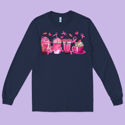 Breast Cancer Coffee Cups Long Sleeve Tee Designed By Texasbilliewilder