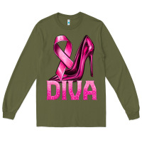 Army Green Breast Cancer Diva Ribbon and Heels Long Sleeve Tee - texasbilliewilder