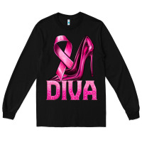 Black Breast Cancer Diva Ribbon and Heels Long Sleeve Tee - texasbilliewilder