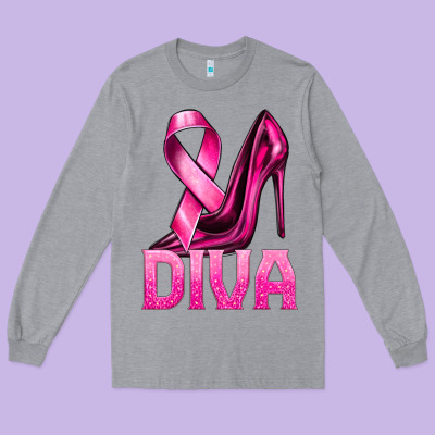 Breast Cancer Diva Ribbon And Heels Long Sleeve Tee Designed By Texasbilliewilder