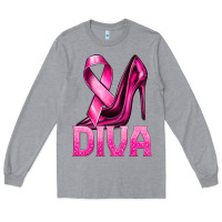Heather Grey Breast Cancer Diva Ribbon and Heels Long Sleeve Tee - texasbilliewilder