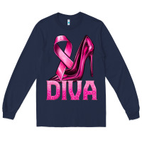 Navy Breast Cancer Diva Ribbon and Heels Long Sleeve Tee - texasbilliewilder