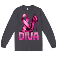 Smoke Breast Cancer Diva Ribbon and Heels Long Sleeve Tee - texasbilliewilder